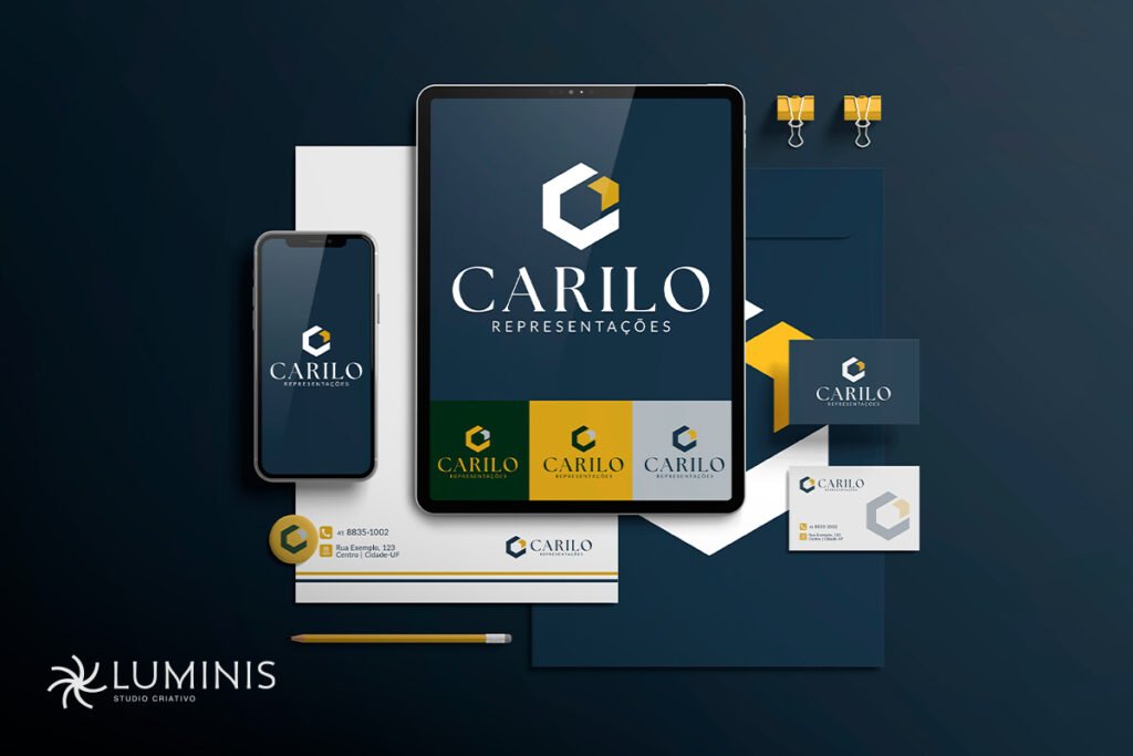 Identidade visual aplicada em papelaria e peças comerciais.
