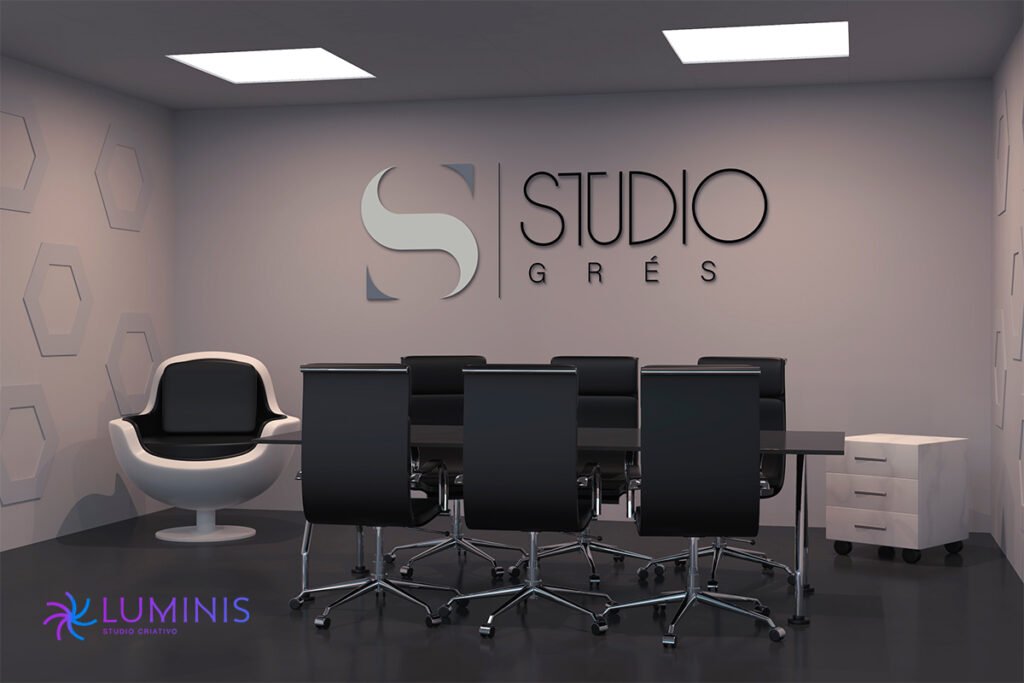 A identidade ganha destaque em uma sala de reuniões moderna, transmitindo autoridade e estética arquitetônica.