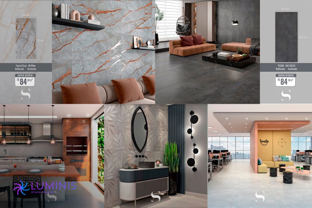 Aplicações da marca em ambientes e displays de produtos cerâmicos, mostrando versatilidade e integração visual.