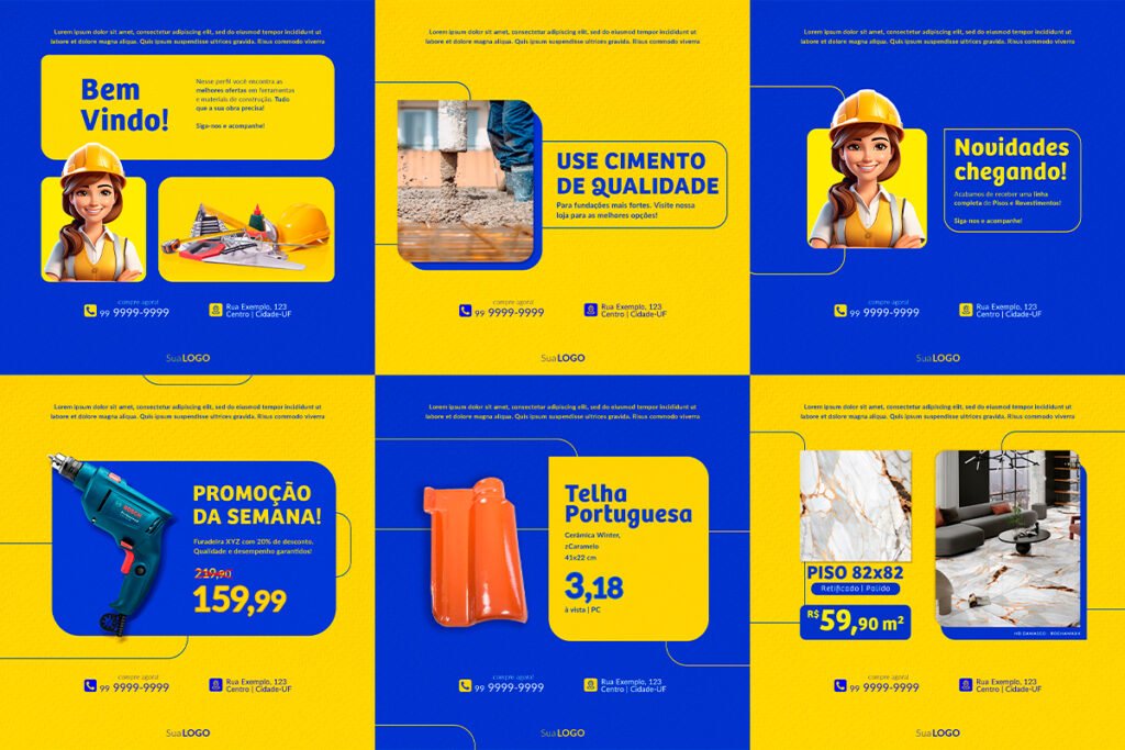Layout limpo e moderno representando estratégias de social media para lojas de pisos e revestimentos, com foco em design minimalista e comunicação visual profissional.